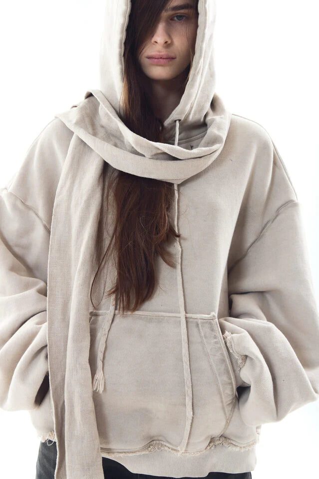 Dyed raw-edged hoodie with linen muffler ivory