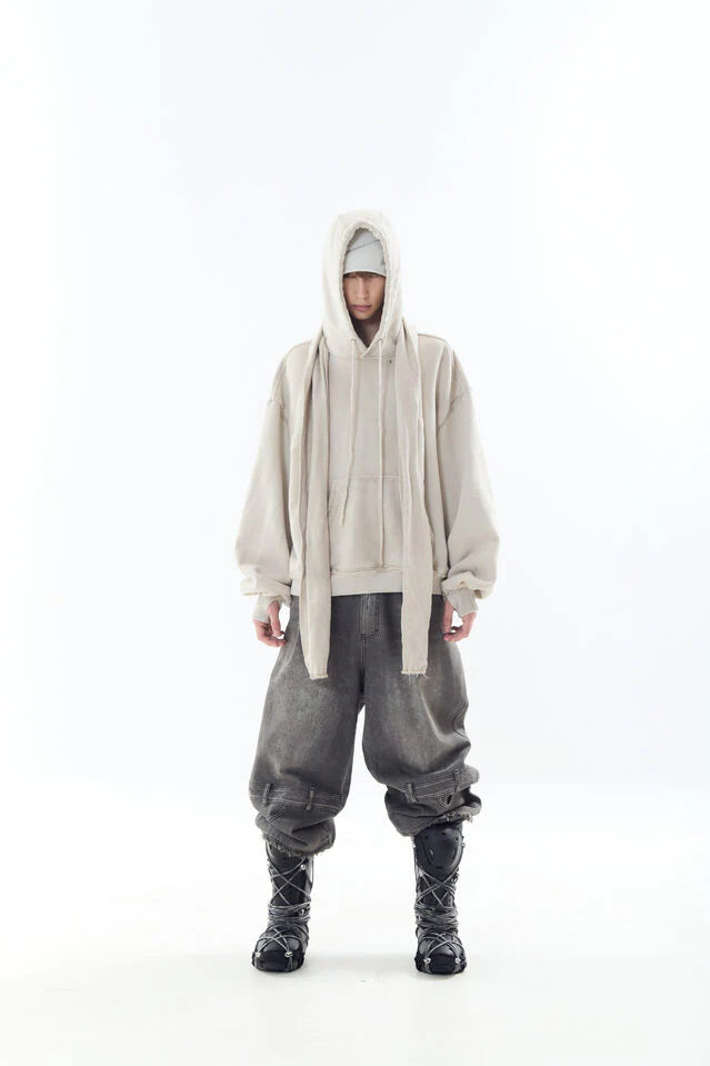 Oil washed double waist denim pants
