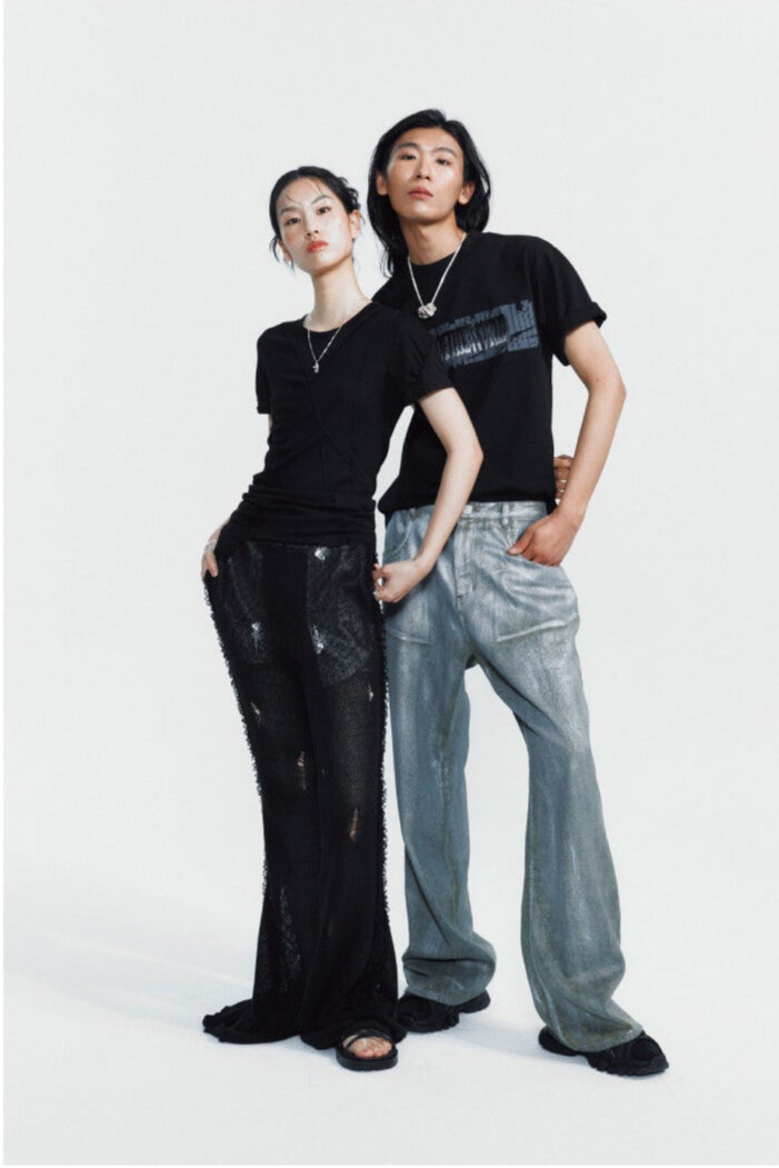 Silver-washed wide pants black