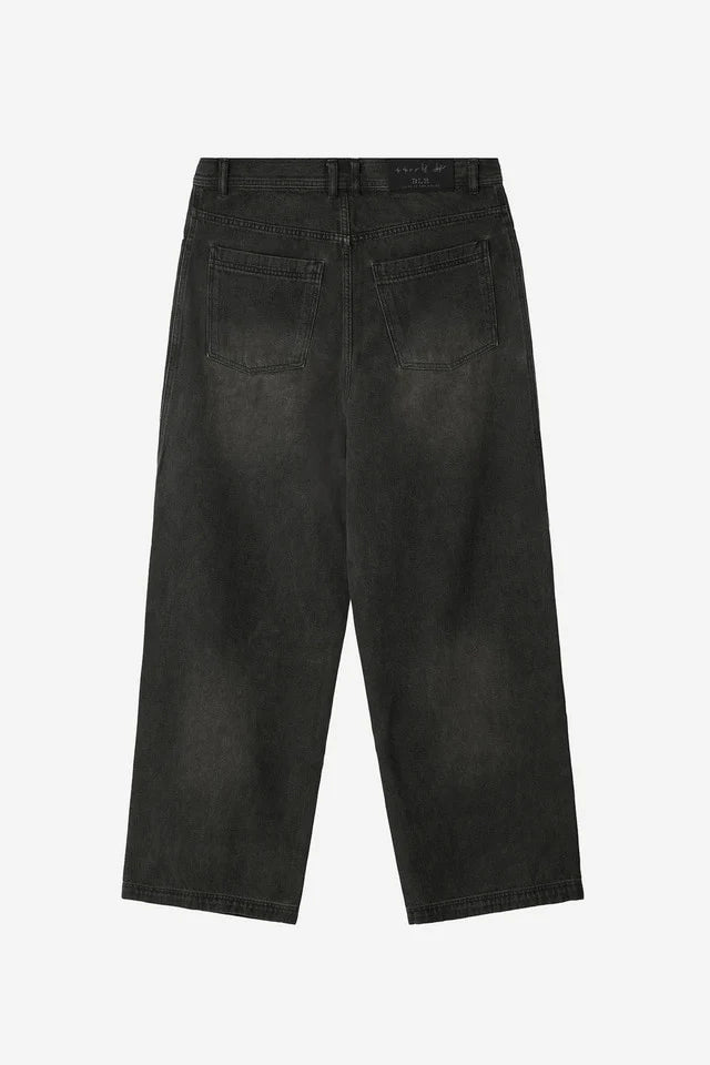 Oil washed double waist denim pants