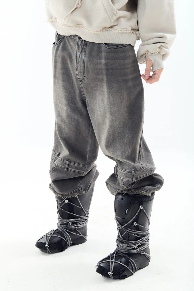 Oil washed double waist denim pants