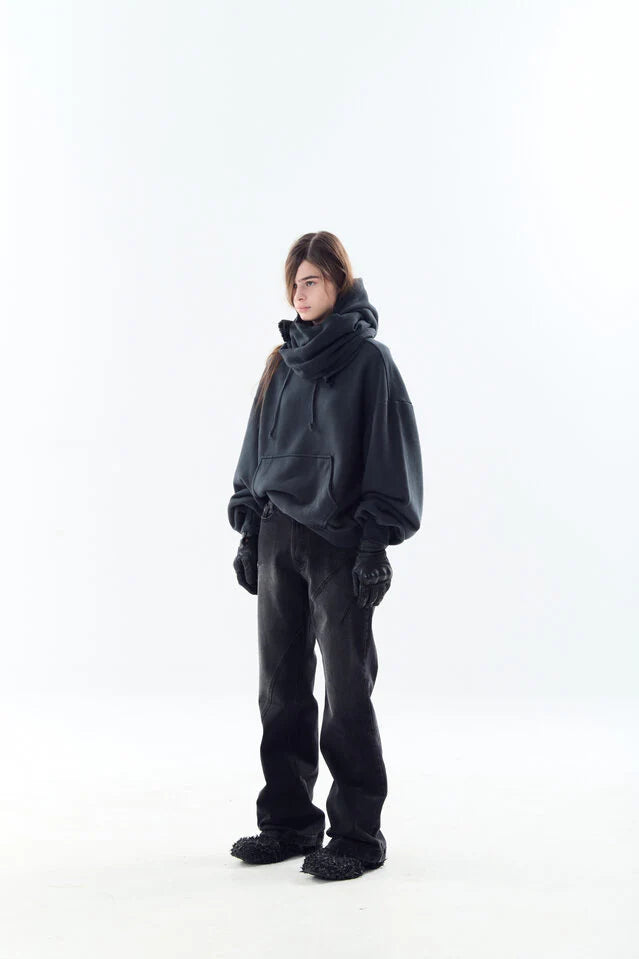 Dyed raw-edged hoodie with muffler black