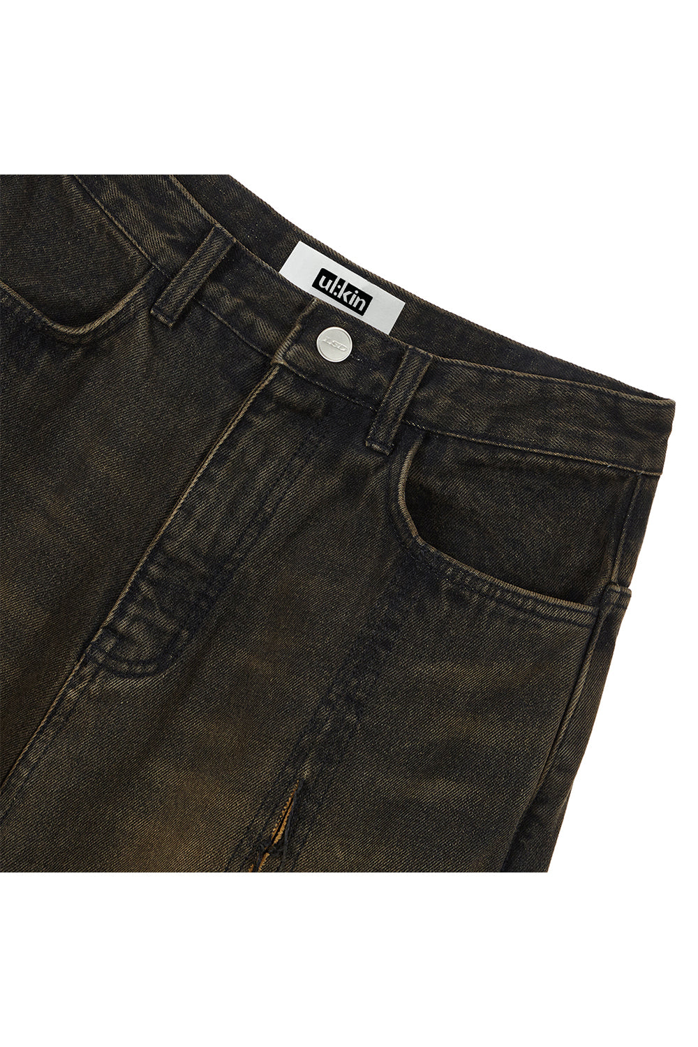 Cross raw edge denim pants black