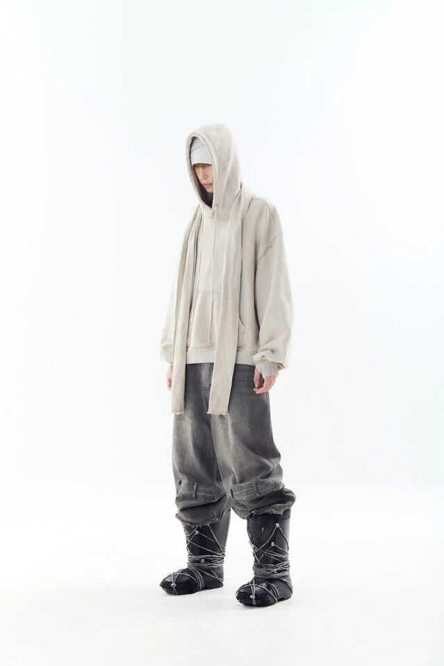Oil washed double waist denim pants