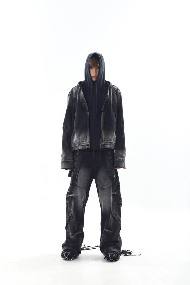 Bleached denim hoodie zip-ip jacket
