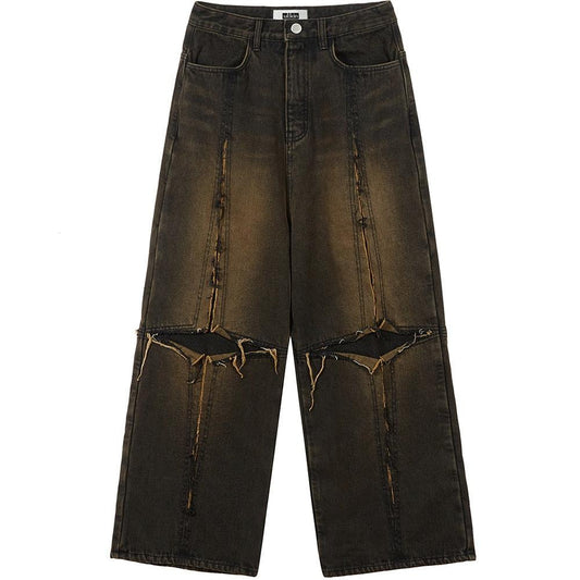 Cross raw edge denim pants black