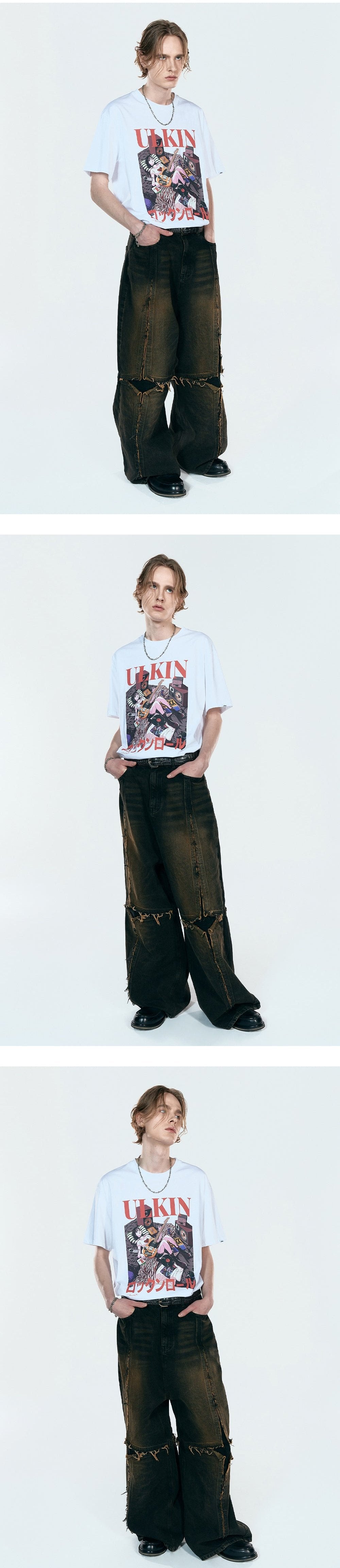 Cross raw edge denim pants black