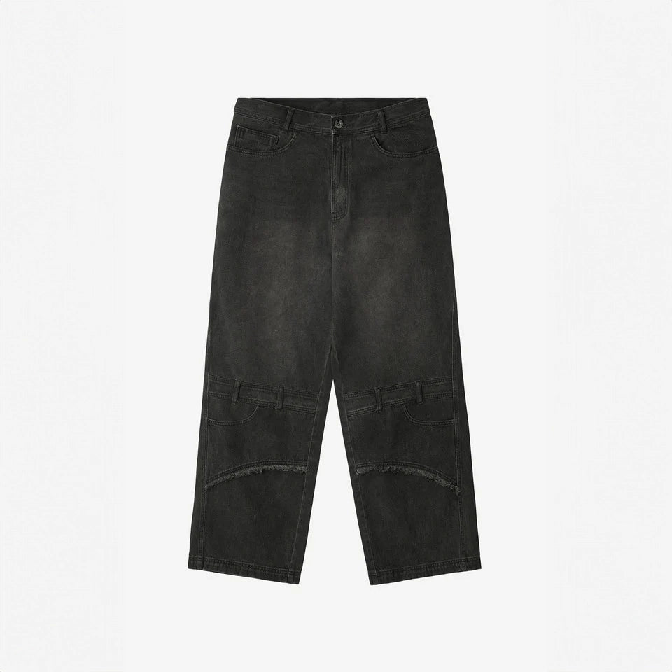 Oil washed double waist denim pants