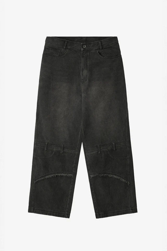 Oil washed double waist denim pants