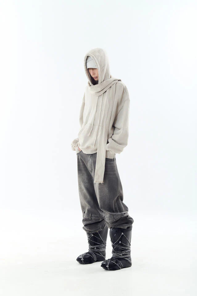 Dyed raw-edged hoodie with linen  muffler ivory