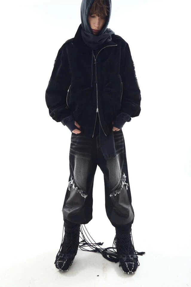 Wide heavy washing with leather pants