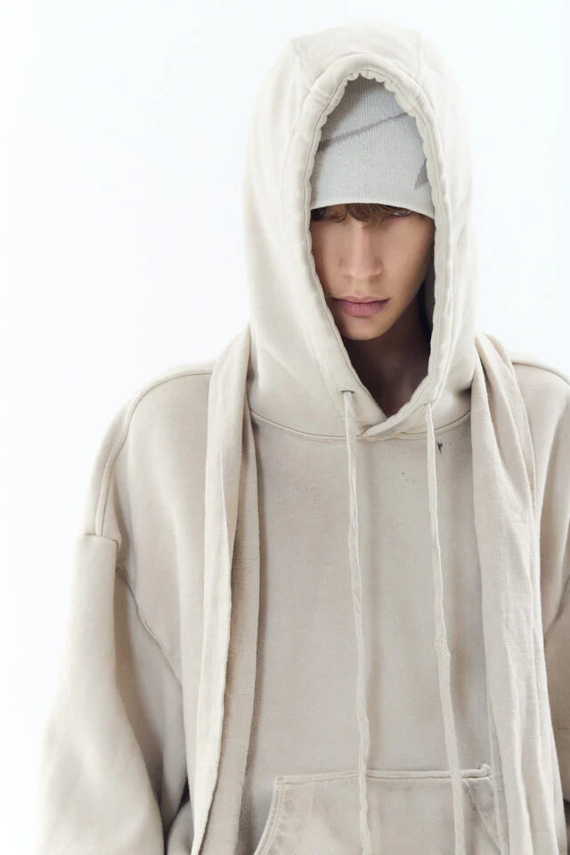 Dyed raw-edged hoodie with linen  muffler ivory