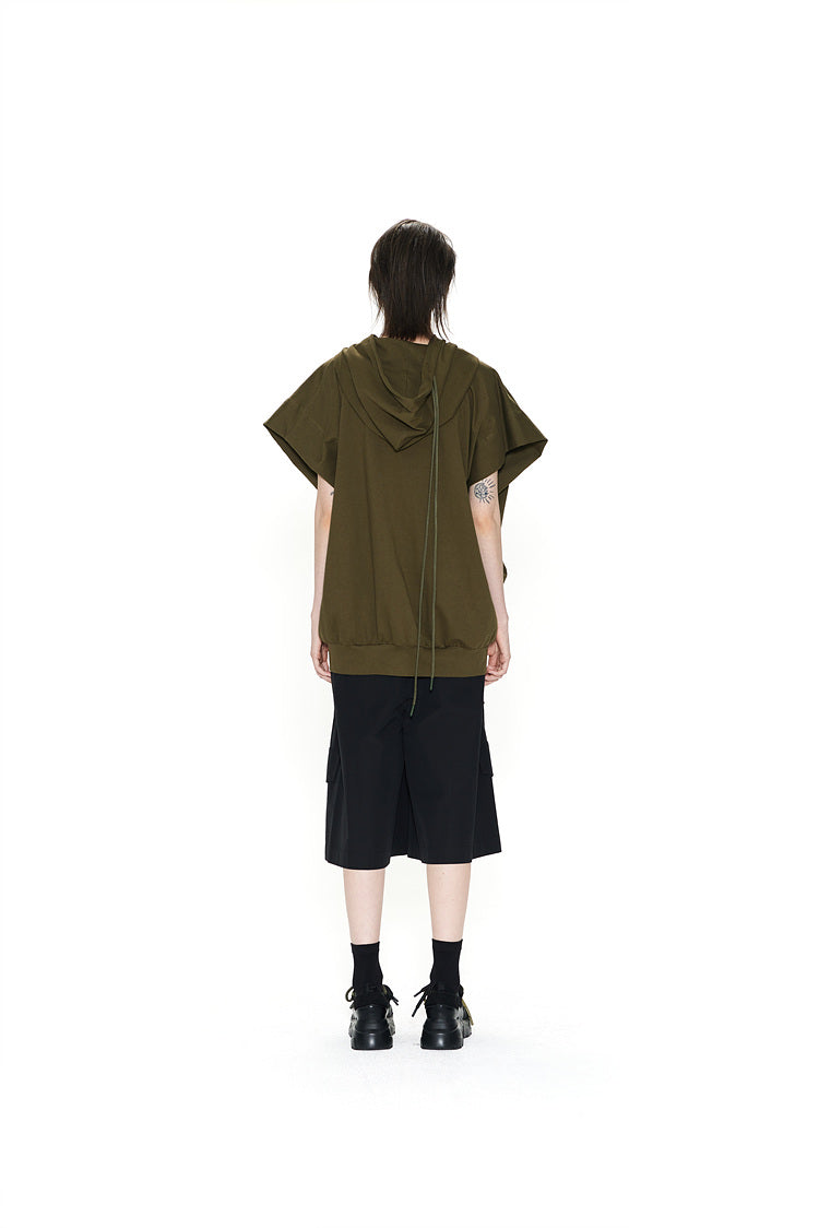 Recycled fabric sleeveless Hooded top khaki