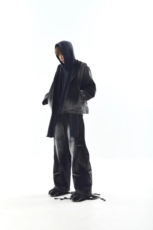 Bleached denim hoodie zip-ip jacket