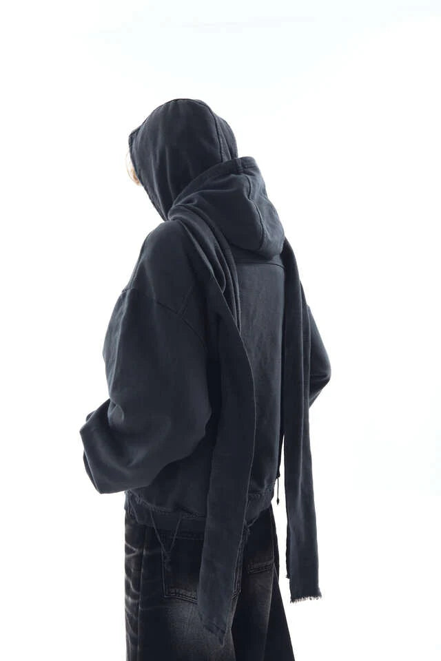 Dyed raw-edged hoodie with muffler black
