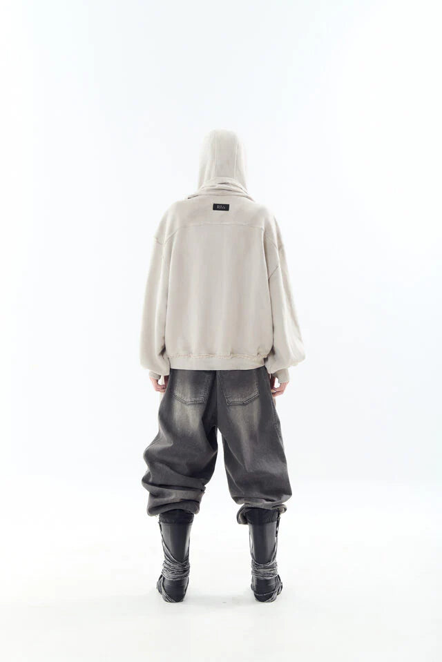 Oil washed double waist denim pants