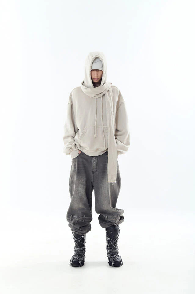 Dyed raw-edged hoodie with linen  muffler ivory