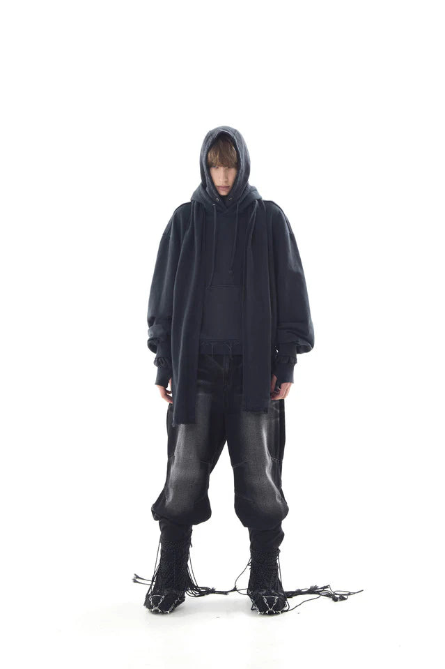 Dyed raw-edged hoodie with muffler black