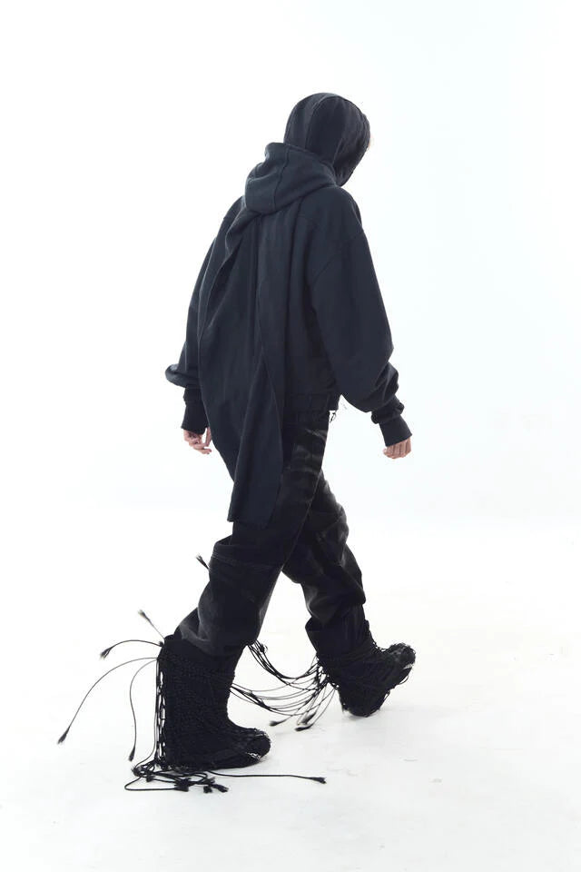 Dyed raw-edged hoodie with muffler black