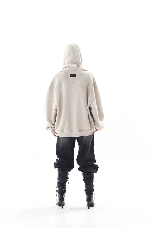 Dyed raw-edged hoodie with linen  muffler ivory