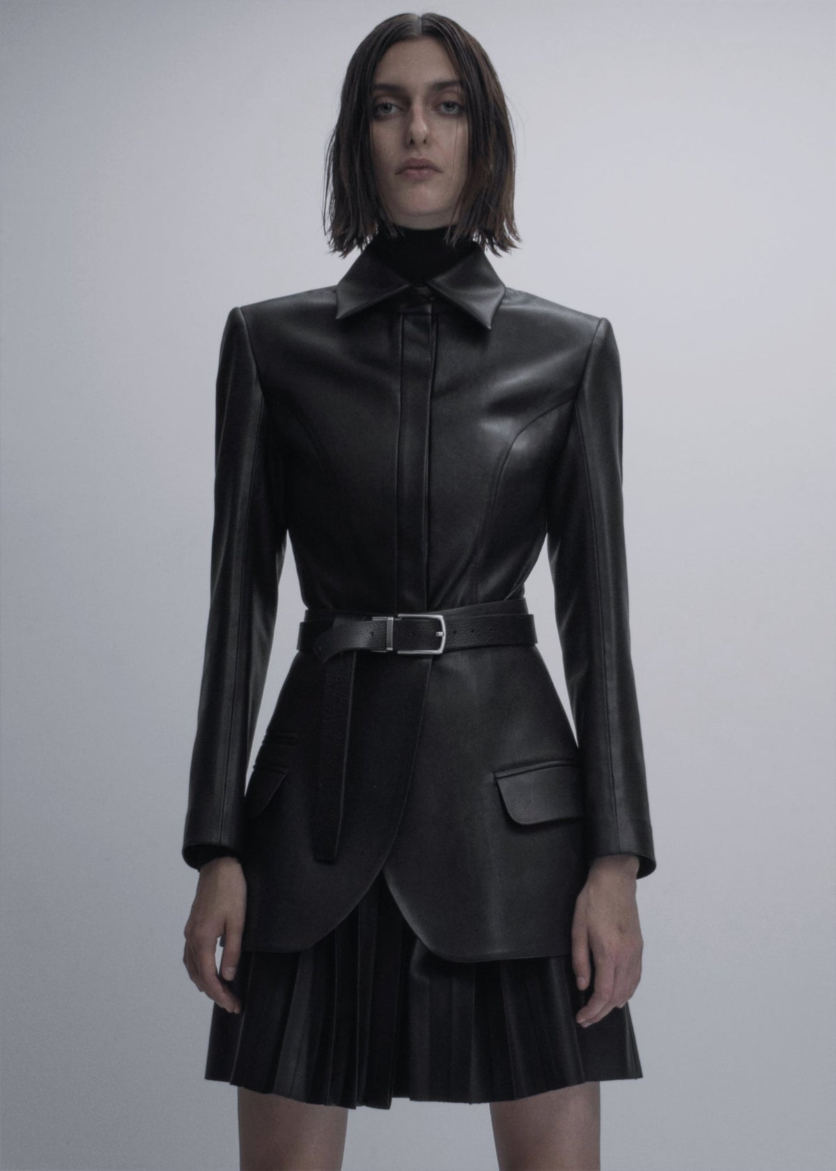 Vegan leather mini shirt dress with pleated skirt