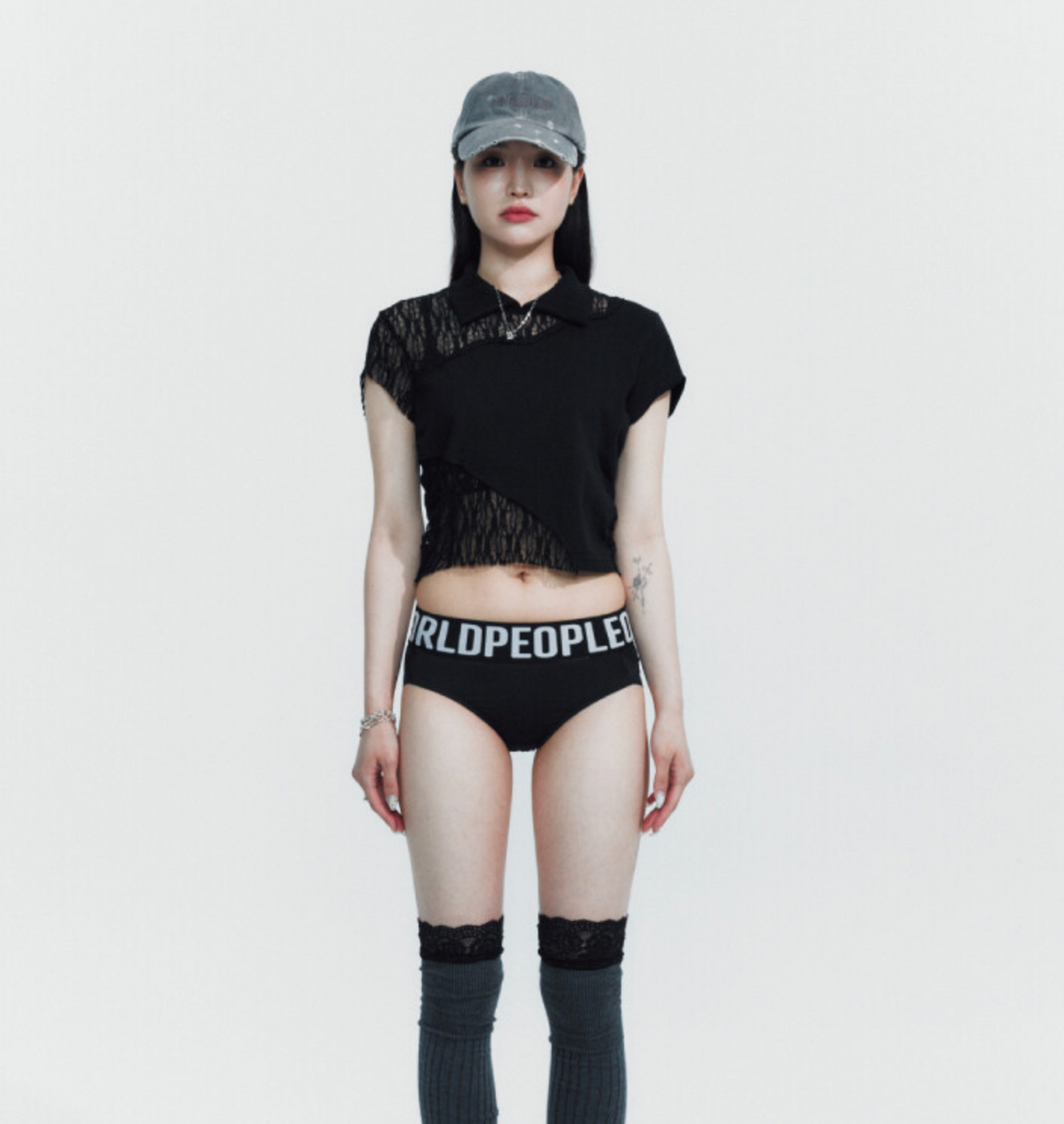 Side shirring cotton lace crop tee