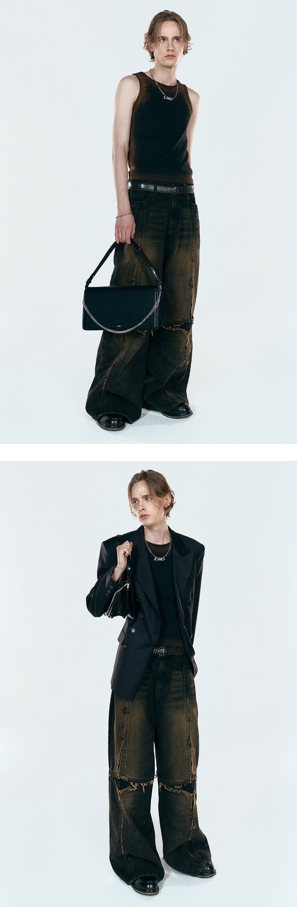 Cross raw edge denim pants black