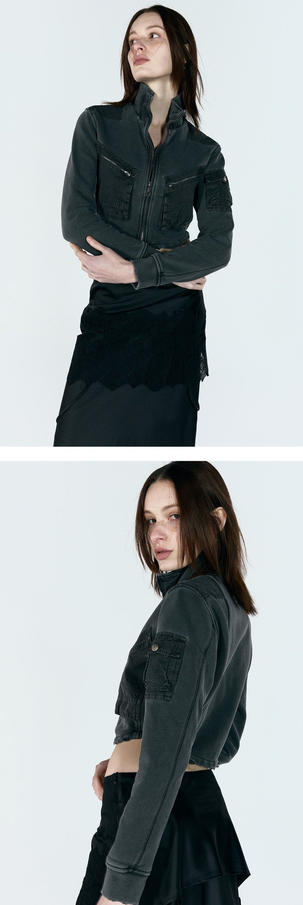 Cotton zip-up cargo jacket charcoal