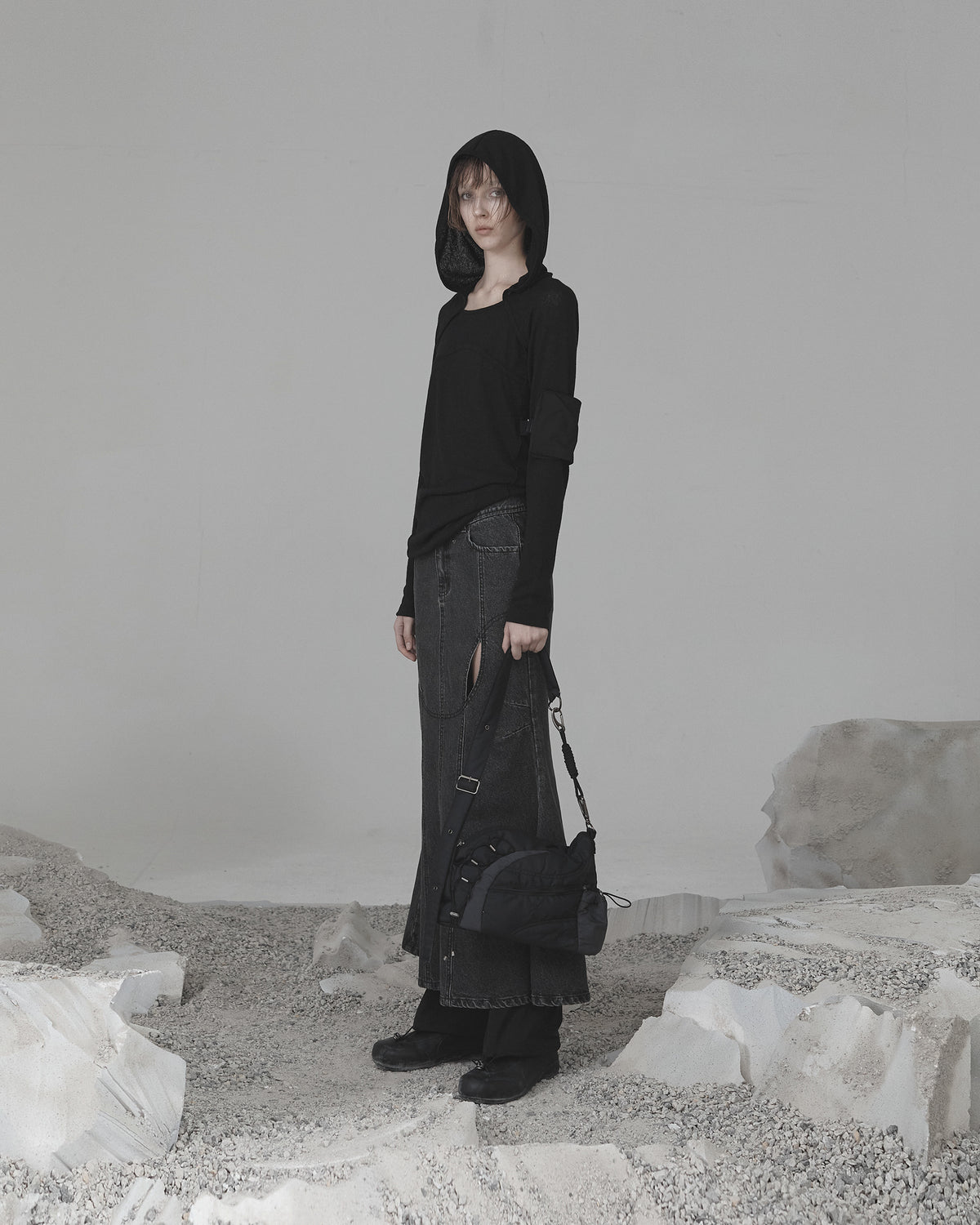 Mermaid slit denim skirt charcoal