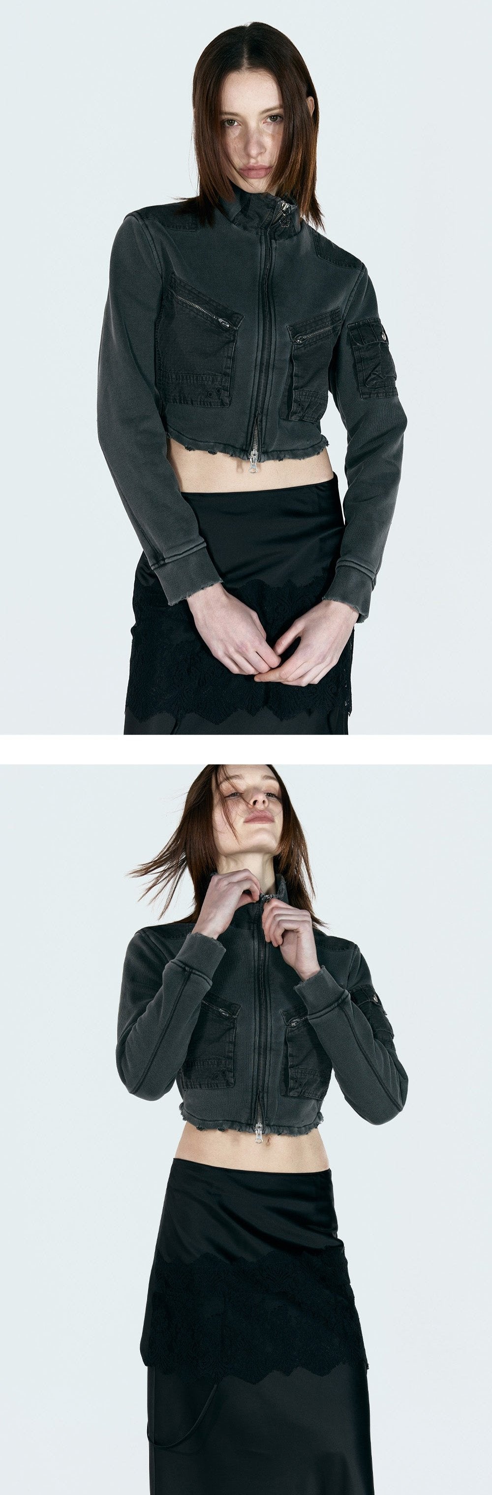 Cotton zip-up cargo jacket charcoal