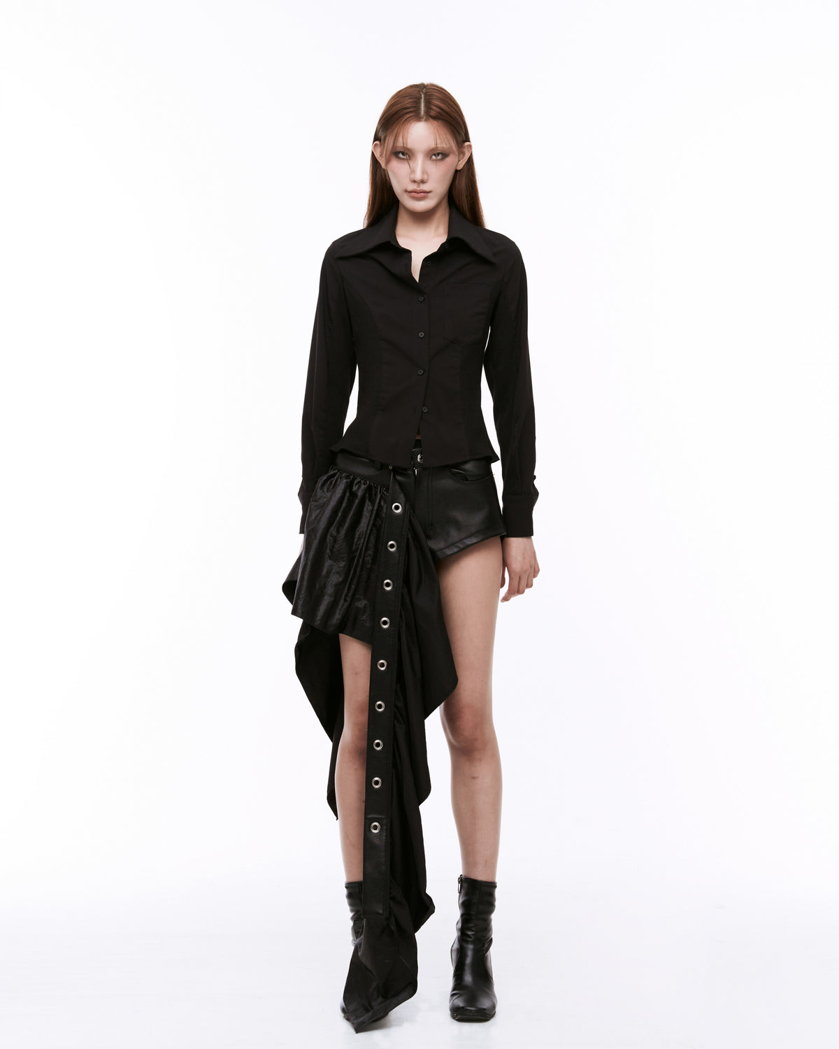 Artificial leather draping short pants black